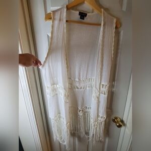 Questions Womens L White Gauze Fringe Crochet Sleeveless Vest Festival